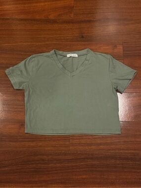Boxy V-Neck Crop Top in Sage Green